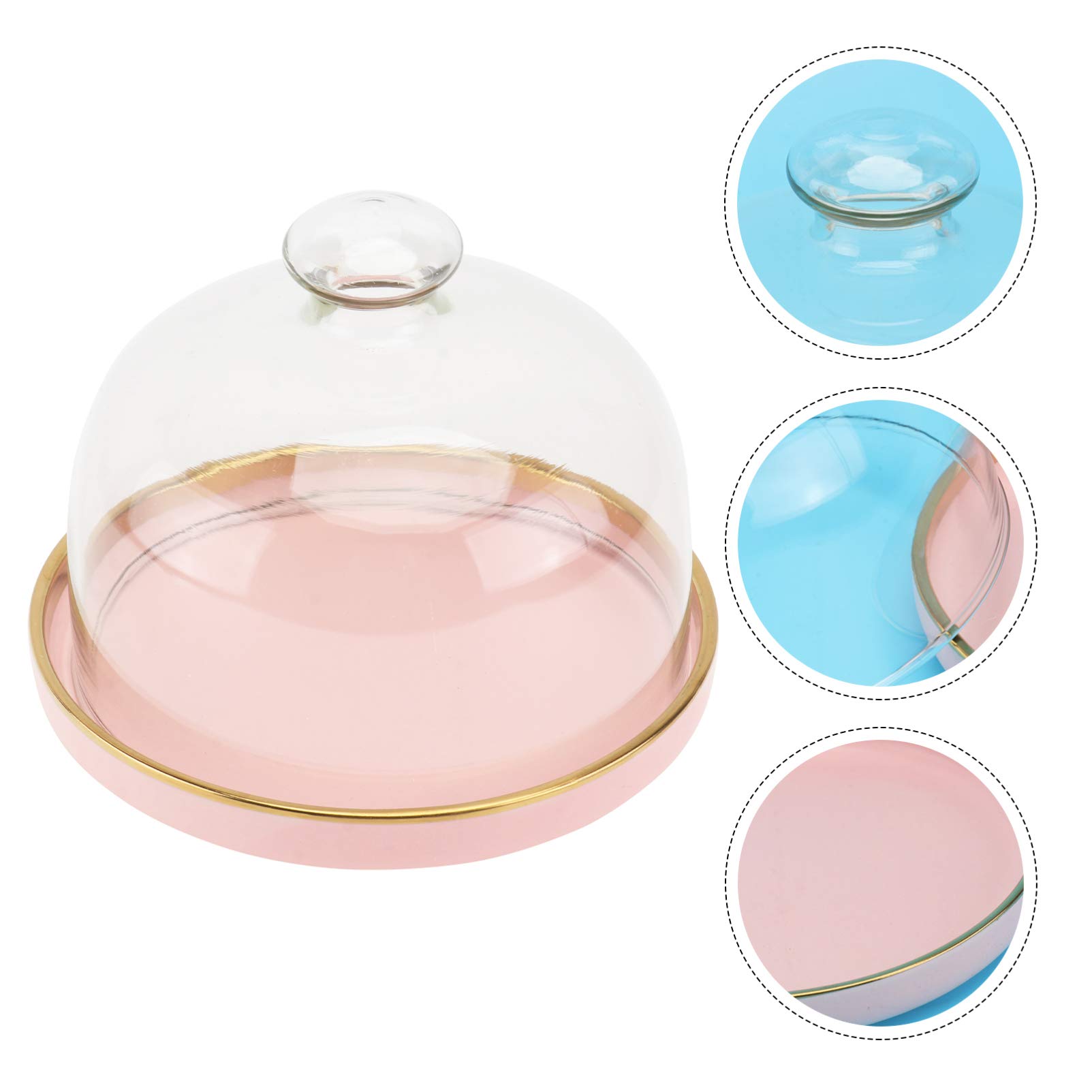 GANAZONO Glass Food Lid Cake Dessert Platter with Cloche Bell Ceramic Cake Plate Cake Dome Cover Pastry Display Cloche Snack Tray Cover Pink