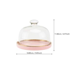 GANAZONO Glass Food Lid Cake Dessert Platter with Cloche Bell Ceramic Cake Plate Cake Dome Cover Pastry Display Cloche Snack Tray Cover Pink