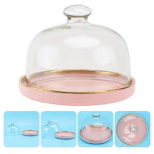 GANAZONO Glass Food Lid Cake Dessert Platter with Cloche Bell Ceramic Cake Plate Cake Dome Cover Pastry Display Cloche Snack Tray Cover Pink