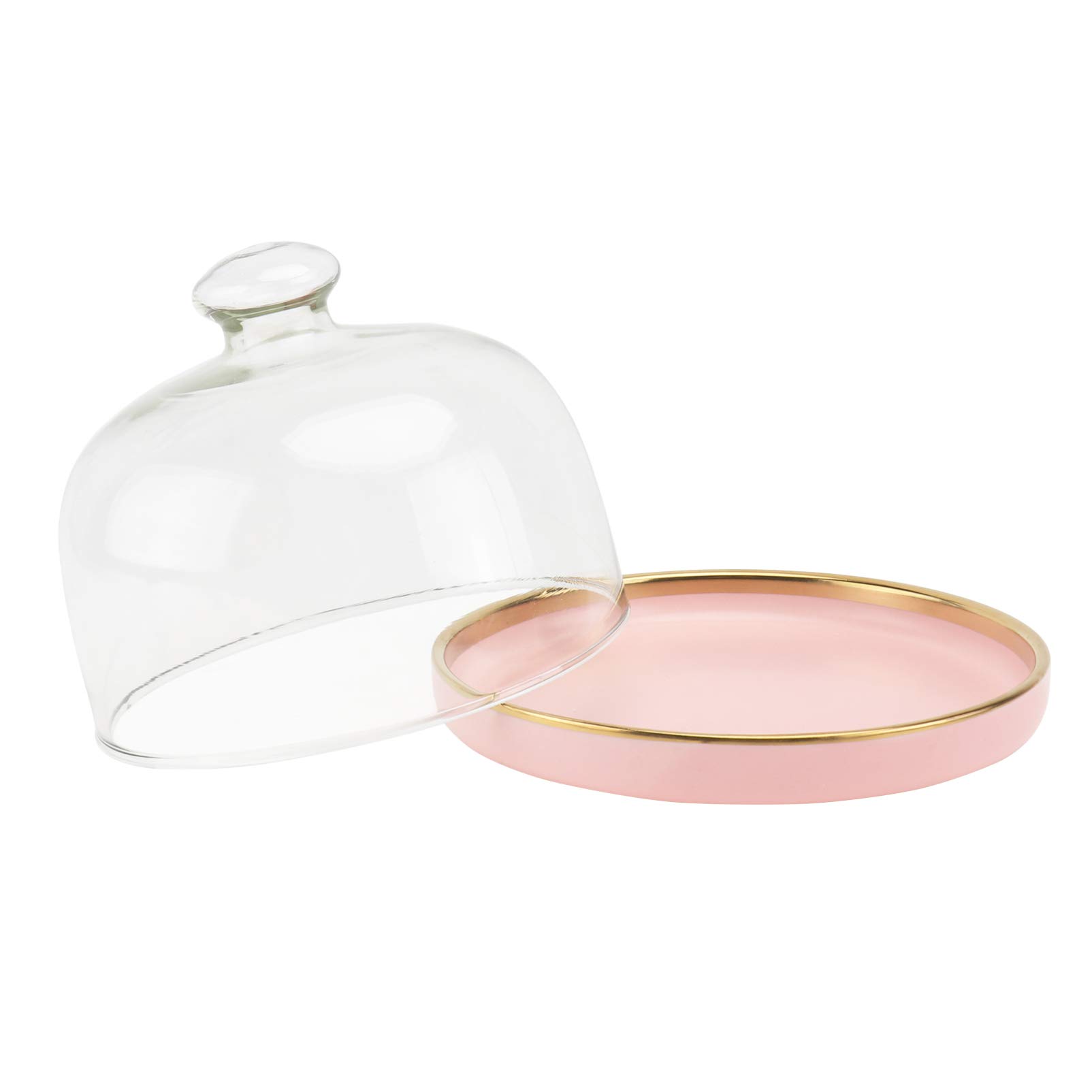 GANAZONO Glass Food Lid Cake Dessert Platter with Cloche Bell Ceramic Cake Plate Cake Dome Cover Pastry Display Cloche Snack Tray Cover Pink