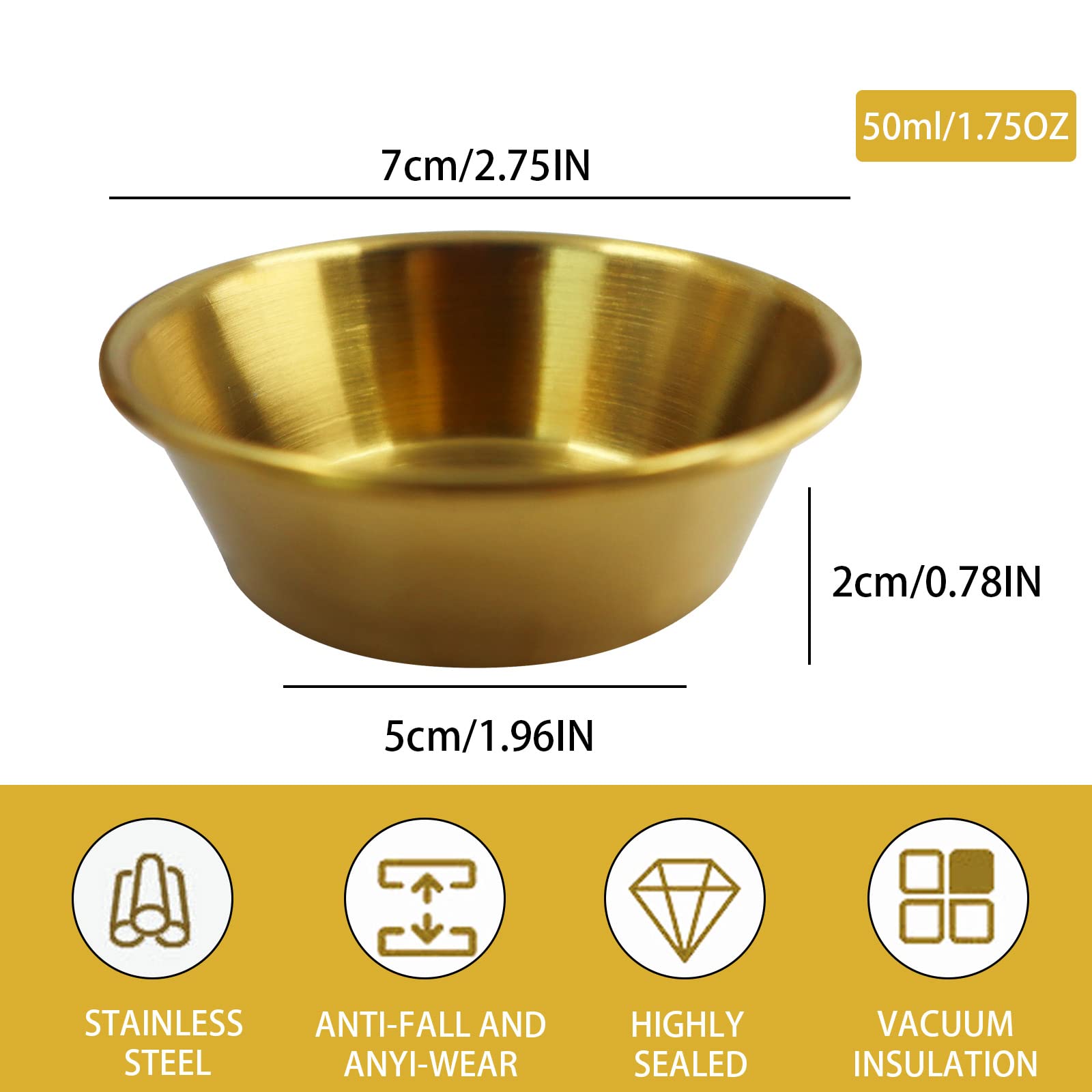 20Pcs Mini Stainless Steel Seasoning Dishes 2.3oz Dipping Sauce Bowls, Sushi Dipping Dishes for Individual Serving Condiments Meal Prep Snack Soy Dip (Gold)