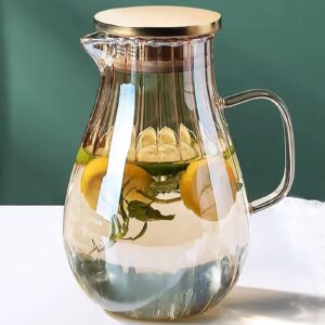 glass pitcher with lid amber round water carafe with handle and spout for homemade beverage, juice,hot coffee, iced tea and milk （62oz）