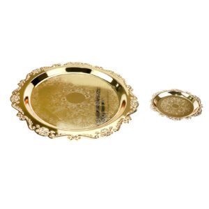 quluxe vintage round metal food serving tray, 2 pcs reusable decorative appetizer platter for kitchen, party, centerpiece display- gold (4 inch+10 inch)