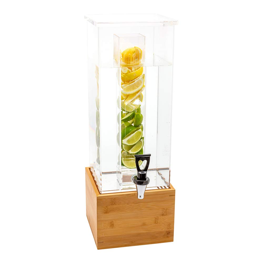 Restaurantware Bev Tek 2 Gallon Beverage Dispenser 1 Square Drink Dispenser For Parties - With Infusion Core Bamboo Base Clear Acrylic Drink Dispenser With Stand Easy-To-Use Spigot