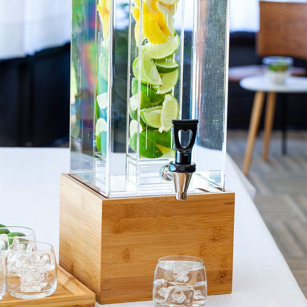 Restaurantware Bev Tek 2 Gallon Beverage Dispenser 1 Square Drink Dispenser For Parties - With Infusion Core Bamboo Base Clear Acrylic Drink Dispenser With Stand Easy-To-Use Spigot