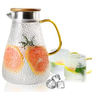 glass pitcher with lid with 2 cups, durable 0.52 gal glass pitcher with handle with 2 glass cups, water carafe with cups teapot set gift for hot/cold beverage, juice or tea