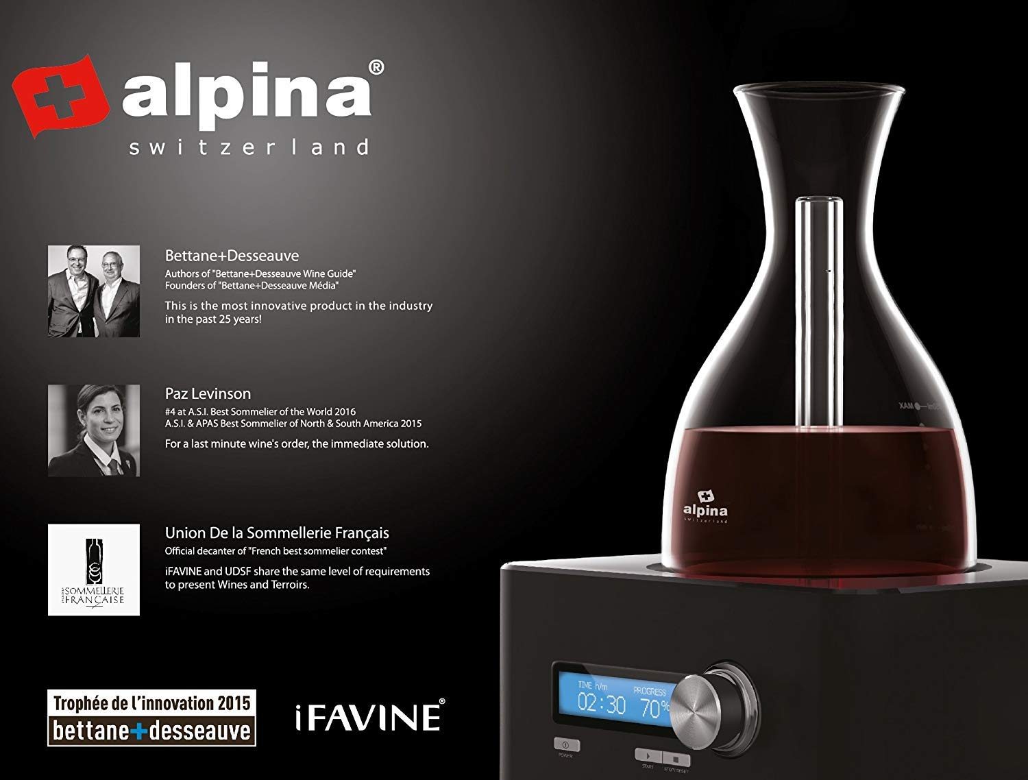 Alpina iFavine iSommelier Smart Electric Super Speed Wine Aerating Decanter Reduces Decanting Time to Seconds Black