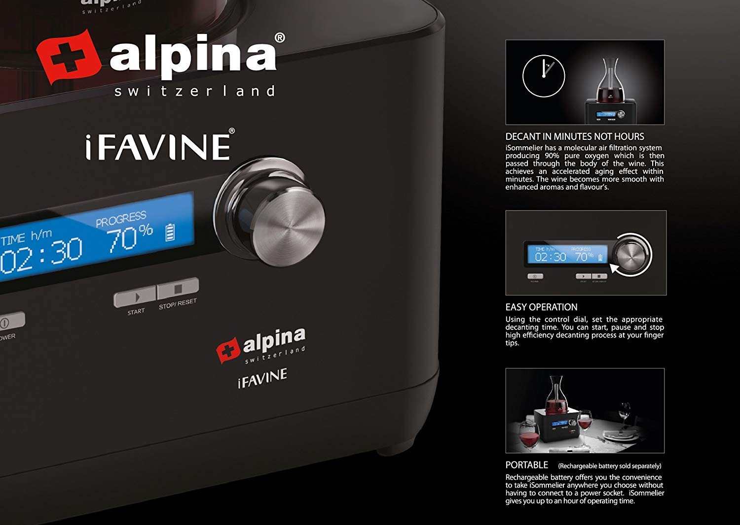 Alpina iFavine iSommelier Smart Electric Super Speed Wine Aerating Decanter Reduces Decanting Time to Seconds Black