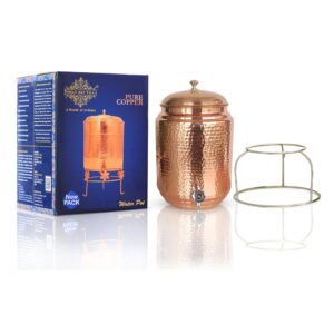 indian art villa pure copper hammered design joint proof water pot/dispenser/container/matka/tank with brass stand, tap & knob, for storage & serving water, volume- 608 oz