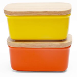 amhomel butter dish with lid for countertop, ceramic butter container with cover, farmhouse butter holder, large butter keeper holds up to 2 sticks, set of 2(orange, yellow)
