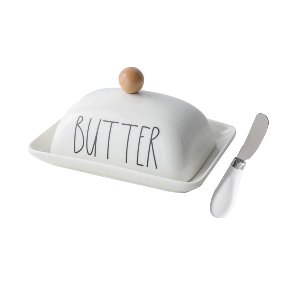 oskas Farmhouse Decorative Kitchen Countertop Porcelain Butter & Cream Cheese Dish with Lid,Butter Keeper with Cover for East West Coast Butter,White