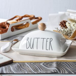 oskas Farmhouse Decorative Kitchen Countertop Porcelain Butter & Cream Cheese Dish with Lid,Butter Keeper with Cover for East West Coast Butter,White