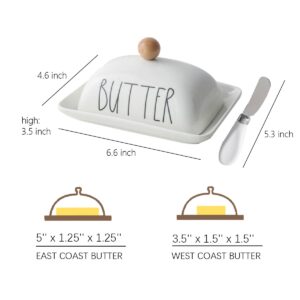oskas Farmhouse Decorative Kitchen Countertop Porcelain Butter & Cream Cheese Dish with Lid,Butter Keeper with Cover for East West Coast Butter,White