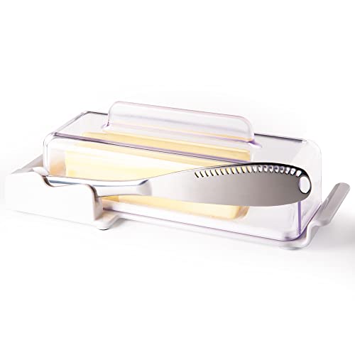 BUTTER PAL Dish with Lid - Butter Holder with Knife, Scraper & Measurement Marks - Countertop Butter Container with Knife & Curling Holes - For Fridge or Counter