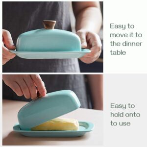 DOWAN Butter Dish with Lid, Ceramic Butter Keeper, 8 Inch Farmhouse Butter Holder with Handle Cover, Butter Container Perfect for East West Coast Butter, Turquoise