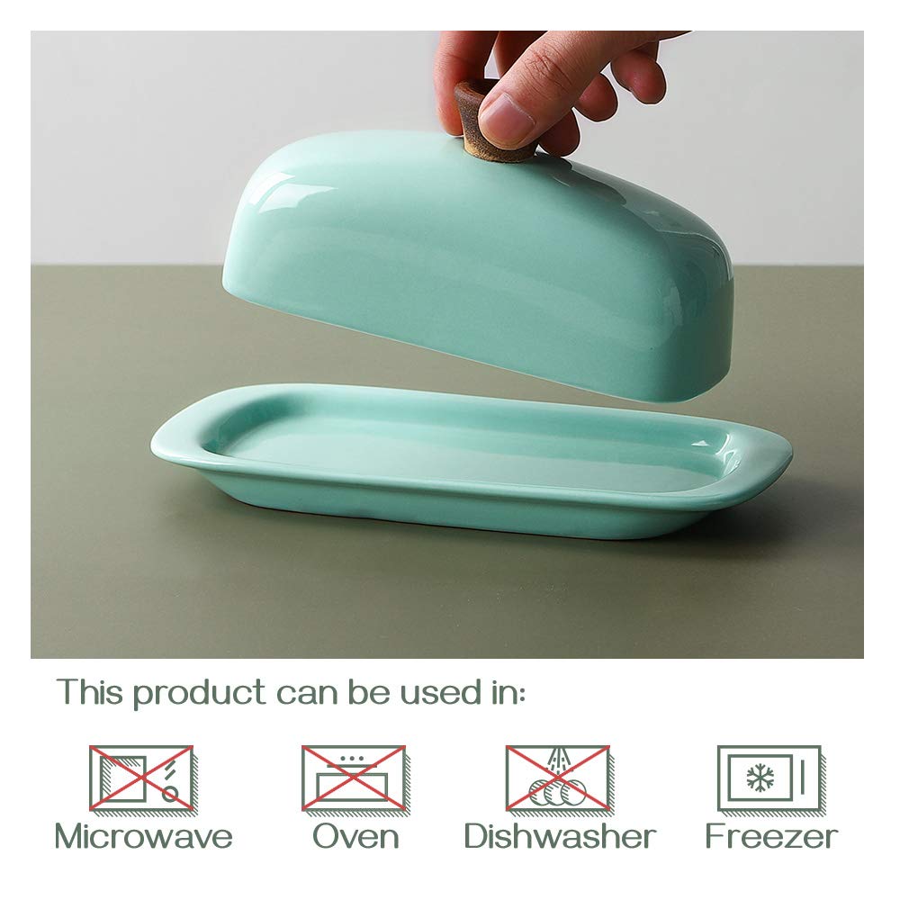 DOWAN Butter Dish with Lid, Ceramic Butter Keeper, 8 Inch Farmhouse Butter Holder with Handle Cover, Butter Container Perfect for East West Coast Butter, Turquoise