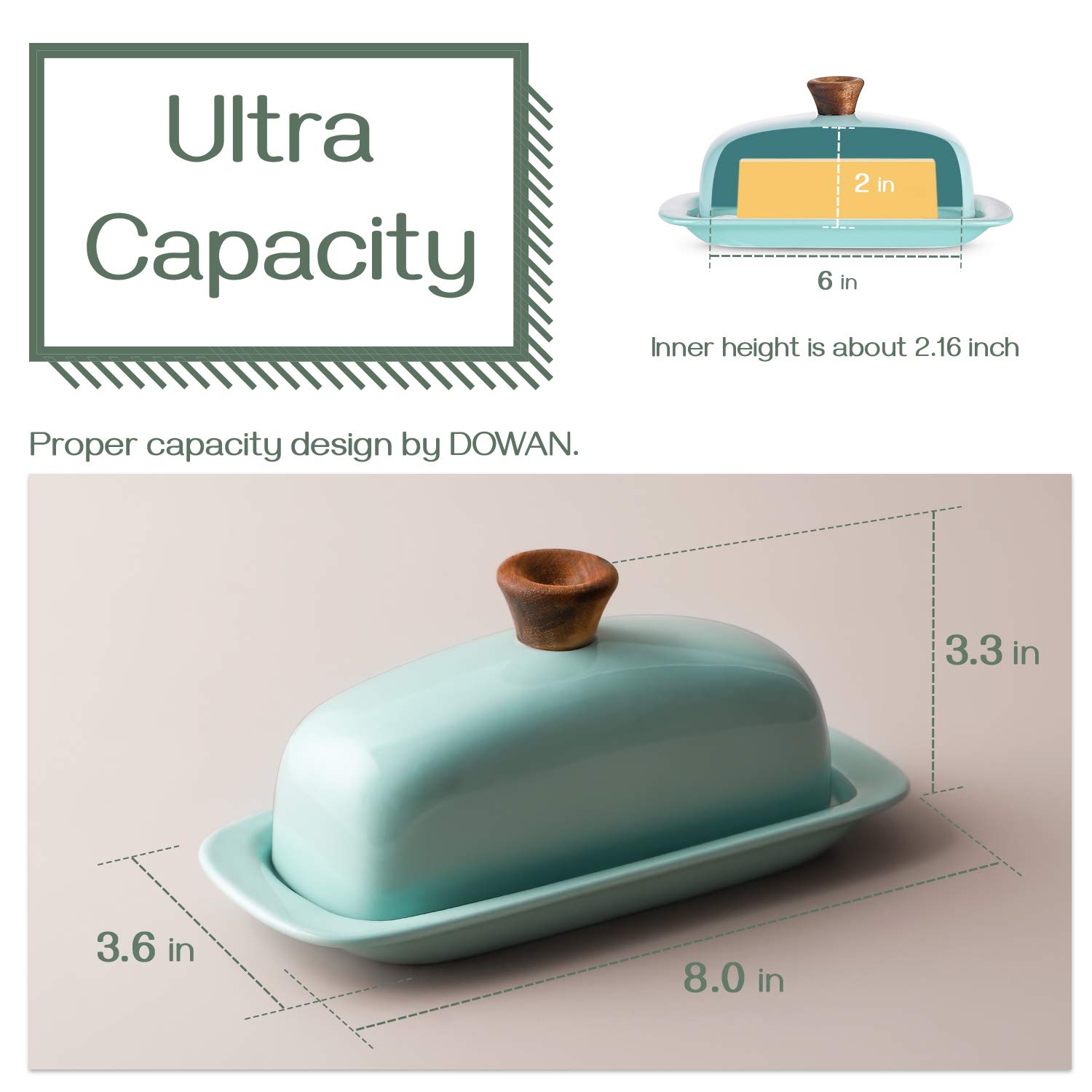 DOWAN Butter Dish with Lid, Ceramic Butter Keeper, 8 Inch Farmhouse Butter Holder with Handle Cover, Butter Container Perfect for East West Coast Butter, Turquoise