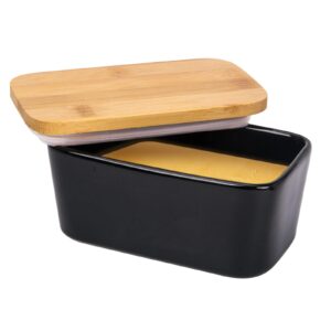 arswin butter dish with lid,extra large 650ml,porcelain keeper with bamboo lid cover for 2 sticks of butter,microwave safe easy clean butter storage container for countertop refrigerator (black)