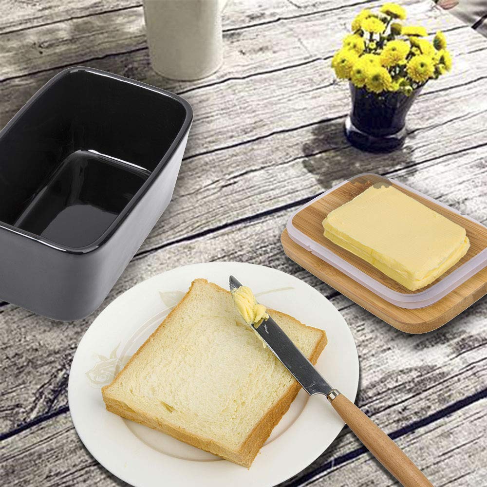 Arswin Butter Dish with Lid,Extra Large 650ml,Porcelain Keeper with Bamboo Lid Cover for 2 Sticks of Butter,Microwave Safe Easy Clean Butter Storage Container for Countertop Refrigerator (Black)