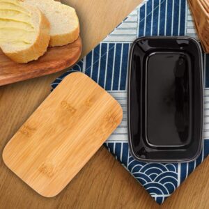 Arswin Butter Dish with Lid,Extra Large 650ml,Porcelain Keeper with Bamboo Lid Cover for 2 Sticks of Butter,Microwave Safe Easy Clean Butter Storage Container for Countertop Refrigerator (Black)