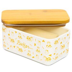 lumicook ceramic butter dish with wooden lid, large butter container keeper storage with stainless steel butter knife spreader, bamboo cover, butter holder easily fits 2 sticks of butter