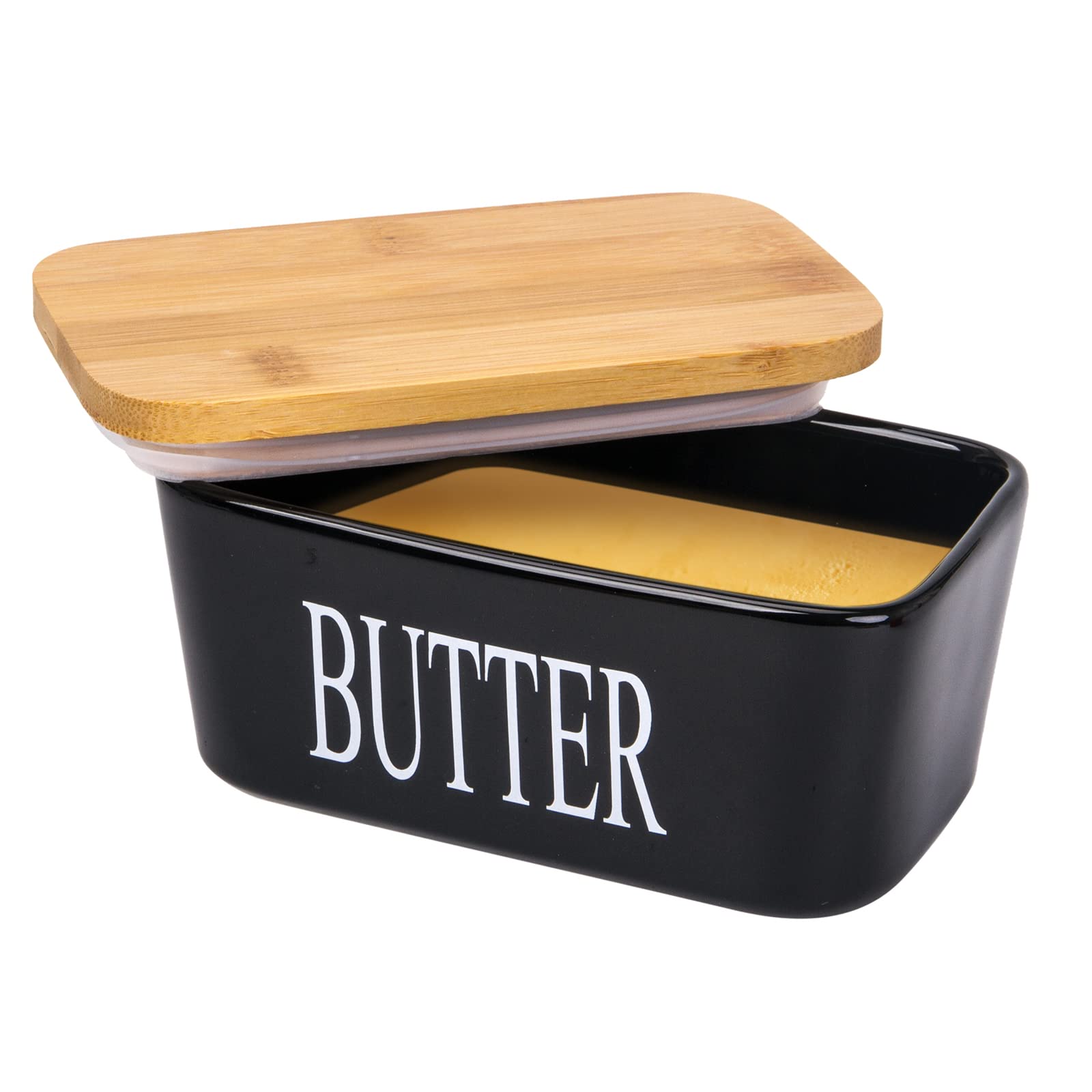 Butter Dish with Cover - Ceramics Butter Container with Bamboo Lid for Countertop,Double-layer Silicone Sealing Larger Butter Dishes with Covers Perfect for East West Coast Butter (Black with Words)