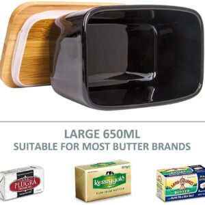 Butter Dish with Cover - Ceramics Butter Container with Bamboo Lid for Countertop,Double-layer Silicone Sealing Larger Butter Dishes with Covers Perfect for East West Coast Butter (Black with Words)