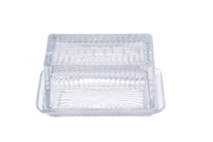 tablecraft double dish, clear glass, embossed butter, 6.5 x 4 x 3.5