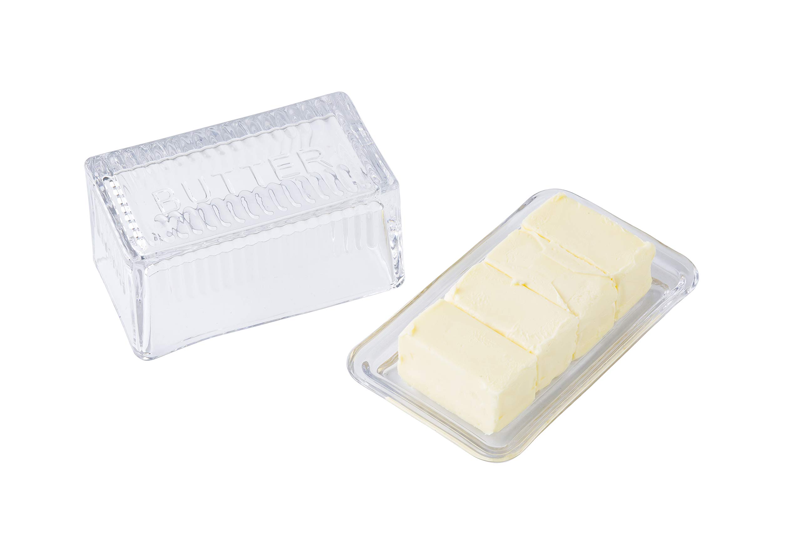 Tablecraft Double Dish, Clear Glass, Embossed Butter, 6.5 x 4 x 3.5