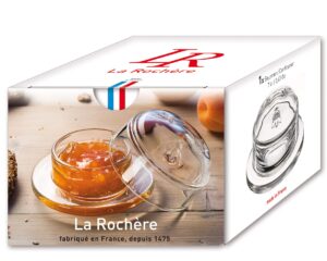 butter dish, round, clear glass with bee design on cover - by la rochere - france