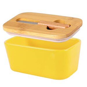 porcelain butter dish with lid and knife ceramic butter container covered butter dish with airtight silicone bamboo lid and stainless steal spreader knife for kitchen counter-yellow