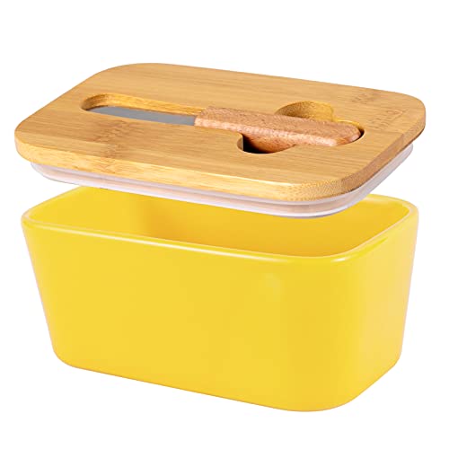 Porcelain Butter Dish with Lid and Knife Ceramic Butter Container Covered Butter Dish with Airtight Silicone Bamboo Lid and Stainless Steal Spreader Knife for Kitchen Counter-Yellow