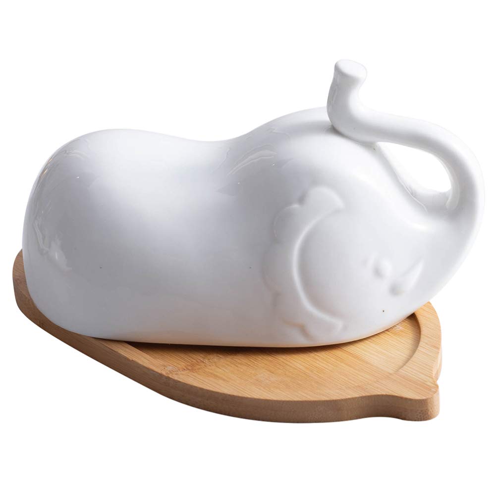 DOITOOL White Ceramic Elephant Butter Dish with Lid for Countertop or Fridge, Covered Butter Dish With Handle and Bamboo Tray, Butter Keeper for Counter