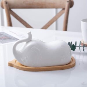 DOITOOL White Ceramic Elephant Butter Dish with Lid for Countertop or Fridge, Covered Butter Dish With Handle and Bamboo Tray, Butter Keeper for Counter