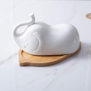 DOITOOL White Ceramic Elephant Butter Dish with Lid for Countertop or Fridge, Covered Butter Dish With Handle and Bamboo Tray, Butter Keeper for Counter