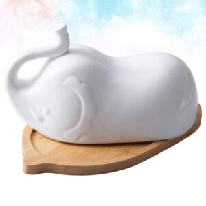 DOITOOL White Ceramic Elephant Butter Dish with Lid for Countertop or Fridge, Covered Butter Dish With Handle and Bamboo Tray, Butter Keeper for Counter