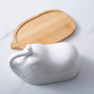DOITOOL White Ceramic Elephant Butter Dish with Lid for Countertop or Fridge, Covered Butter Dish With Handle and Bamboo Tray, Butter Keeper for Counter