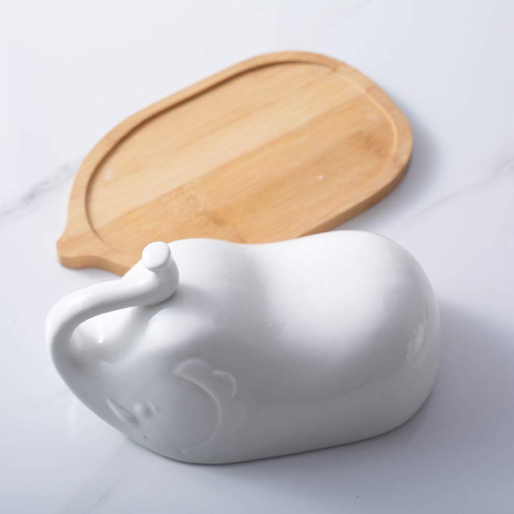 DOITOOL White Ceramic Elephant Butter Dish with Lid for Countertop or Fridge, Covered Butter Dish With Handle and Bamboo Tray, Butter Keeper for Counter