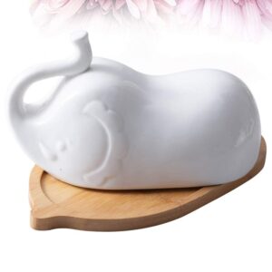 DOITOOL White Ceramic Elephant Butter Dish with Lid for Countertop or Fridge, Covered Butter Dish With Handle and Bamboo Tray, Butter Keeper for Counter