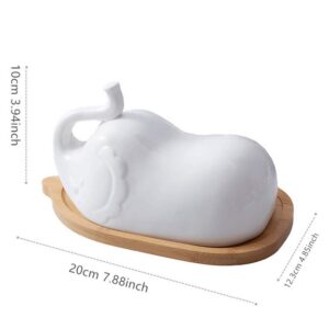 DOITOOL White Ceramic Elephant Butter Dish with Lid for Countertop or Fridge, Covered Butter Dish With Handle and Bamboo Tray, Butter Keeper for Counter