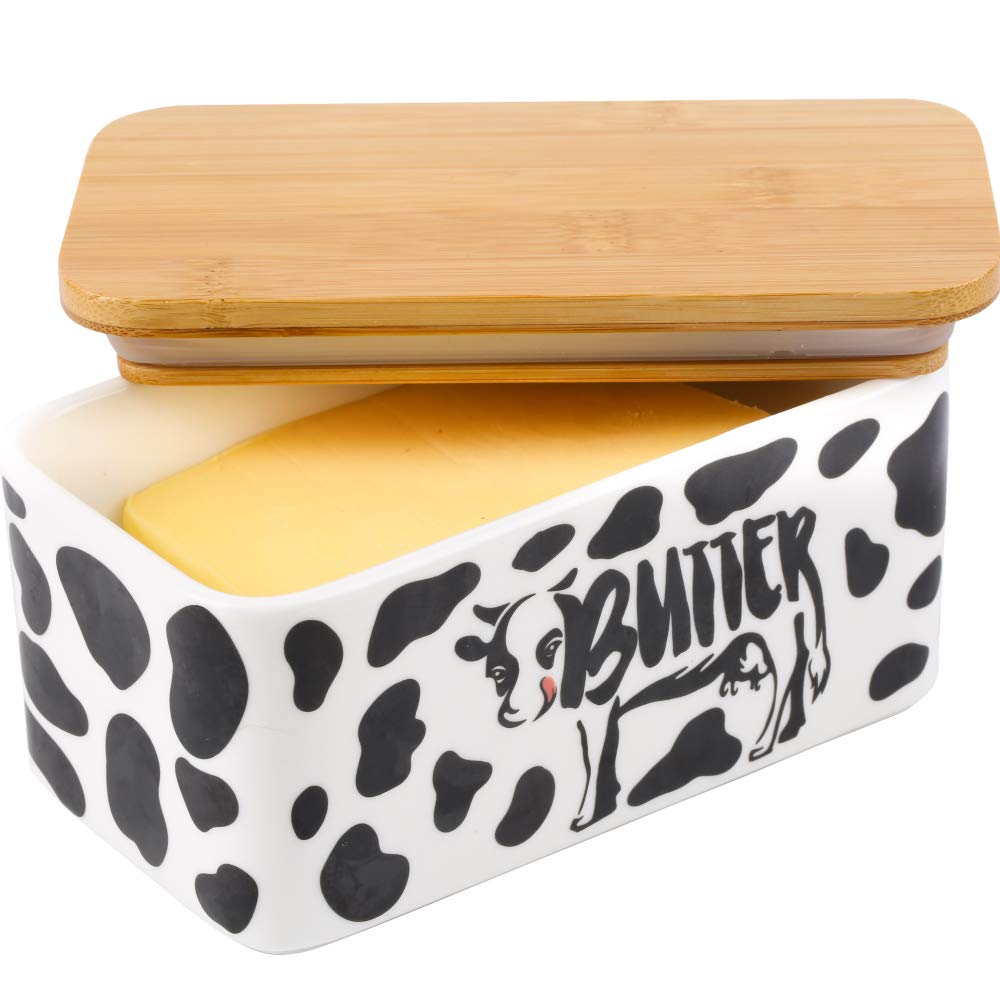 Lumicook Ceramic Butter Dish with Wooden Lid, Large Butter Container Keeper Storage with Stainless Steel Butter Knife Spreader, Bamboo Cover and Silicone Sealing Ring for Coast Butter (Black)