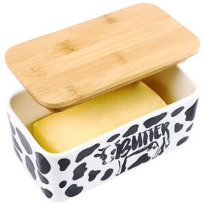 Lumicook Ceramic Butter Dish with Wooden Lid, Large Butter Container Keeper Storage with Stainless Steel Butter Knife Spreader, Bamboo Cover and Silicone Sealing Ring for Coast Butter (Black)