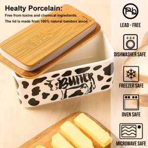 Lumicook Ceramic Butter Dish with Wooden Lid, Large Butter Container Keeper Storage with Stainless Steel Butter Knife Spreader, Bamboo Cover and Silicone Sealing Ring for Coast Butter (Black)