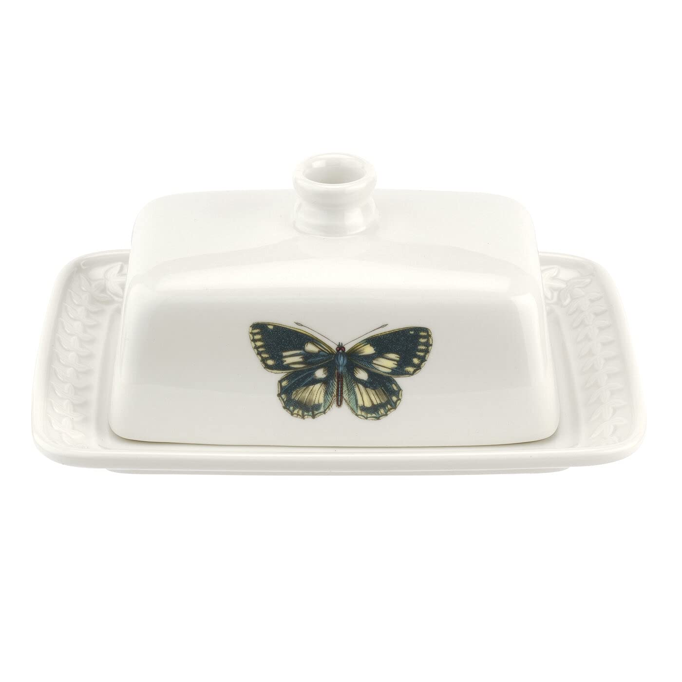 Portmeirion Botanic Garden Harmony Covered Butter Dish, 7.5-Inch Butterfly Design Ceramic Butter Dish with Lid for Countertop, Made of Earthenware, Dishwasher Safe