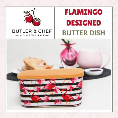 BUTLER & CHEF Flamingo Butter Dish With Lid For Countertop or Refrigerator - Large Airtight Covered Porcelain Ceramic Keeper - 2 Stick Holder With Bamboo Lid