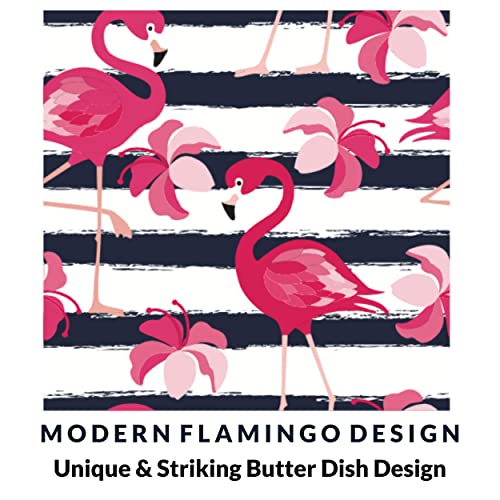 BUTLER & CHEF Flamingo Butter Dish With Lid For Countertop or Refrigerator - Large Airtight Covered Porcelain Ceramic Keeper - 2 Stick Holder With Bamboo Lid