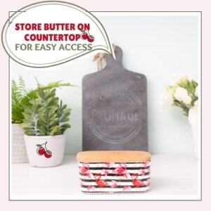 BUTLER & CHEF Flamingo Butter Dish With Lid For Countertop or Refrigerator - Large Airtight Covered Porcelain Ceramic Keeper - 2 Stick Holder With Bamboo Lid