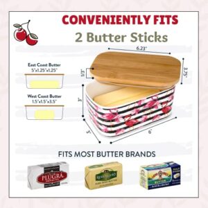 BUTLER & CHEF Flamingo Butter Dish With Lid For Countertop or Refrigerator - Large Airtight Covered Porcelain Ceramic Keeper - 2 Stick Holder With Bamboo Lid