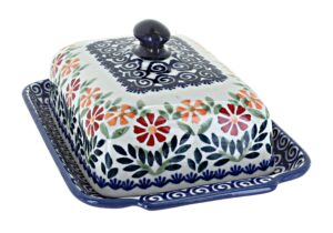 blue rose polish pottery garden bouquet large butter dish