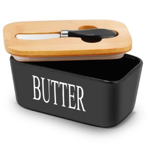 Hossejoy Large Butter Dish with Lid and Knife, Porcelain Butter Keeper Container Designed with Double Silicone Seals, Ceramic Butter Box, Perfect for Home Kitchen Countertop, 650ml (Black)